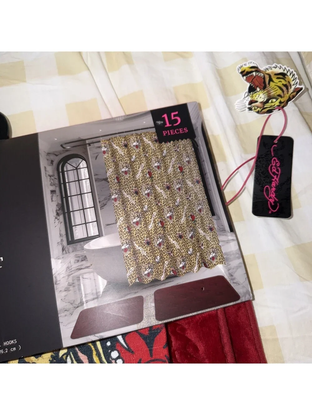 Ed Hardy Leopard Print & Tiger Shower Curtain With Red Memory Foam Rugs Set New